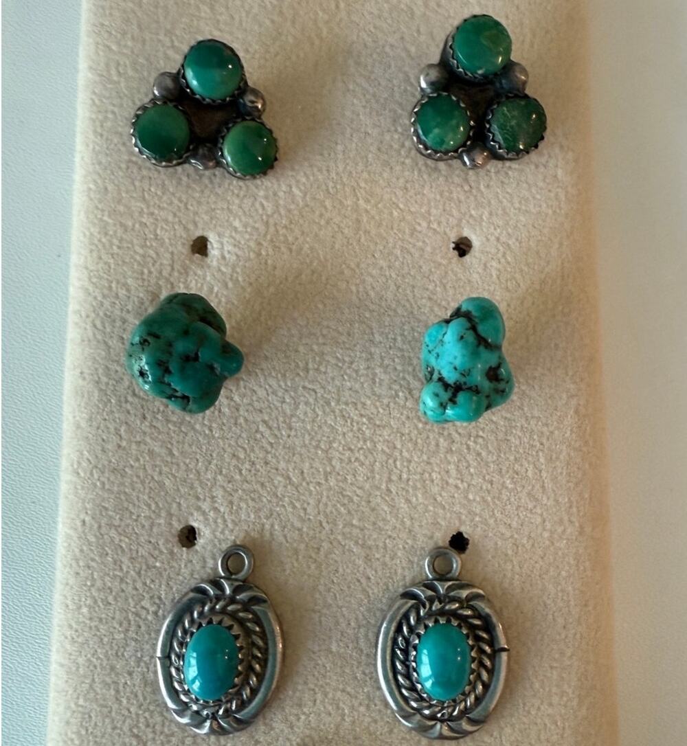 Native American Turquoise Earring Lot-3 pairs-Cluster, Nugget and Drop